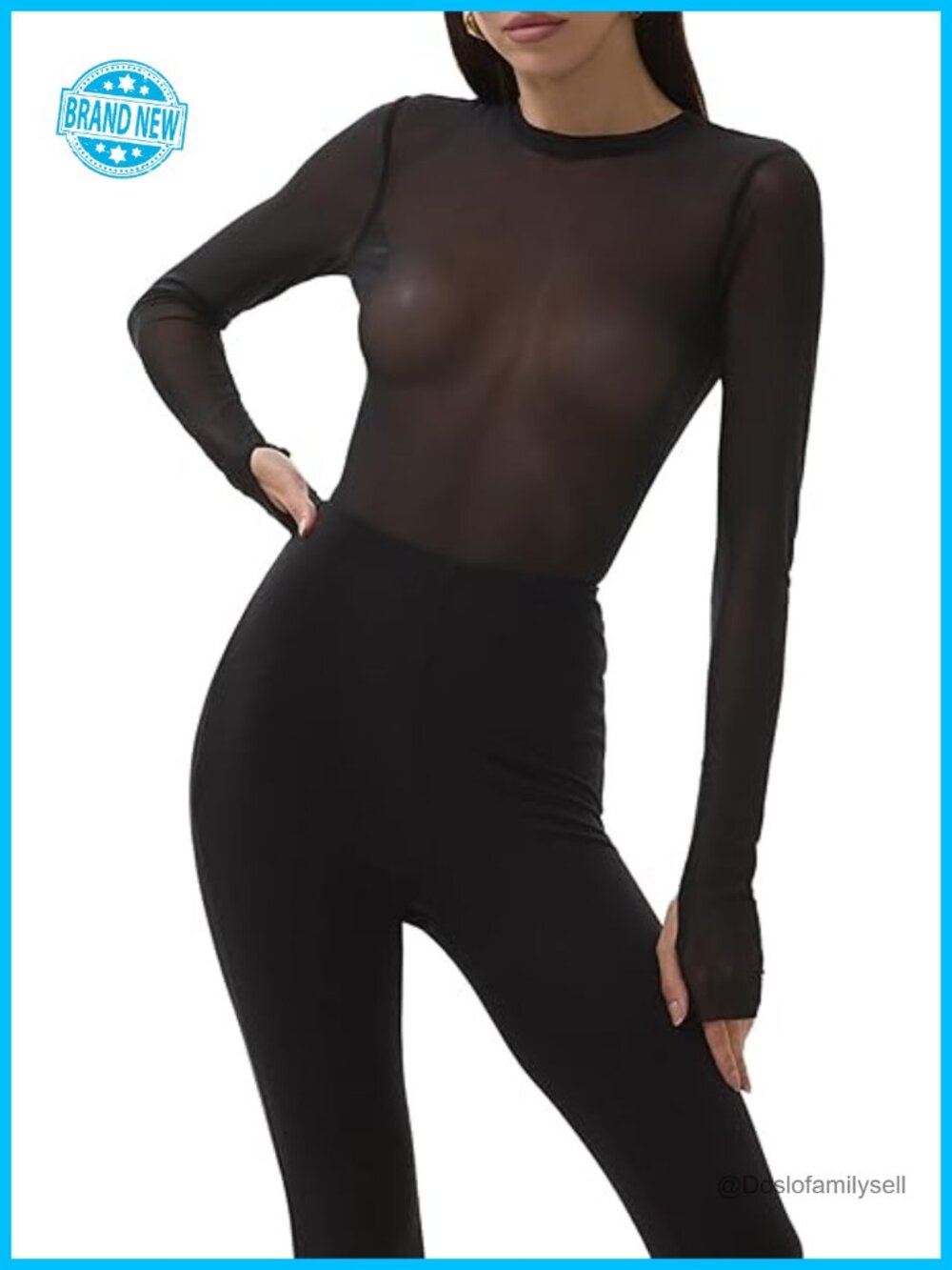 Sheer Mesh Long Sleeve Crew Neck Top with Thumbholes